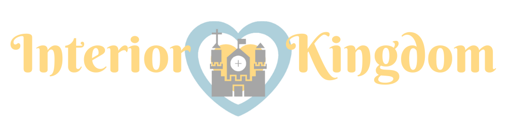 Interior Kingdom logo with the words Interior Kingdom and a light blue heart with a gray castle and a host in the center window